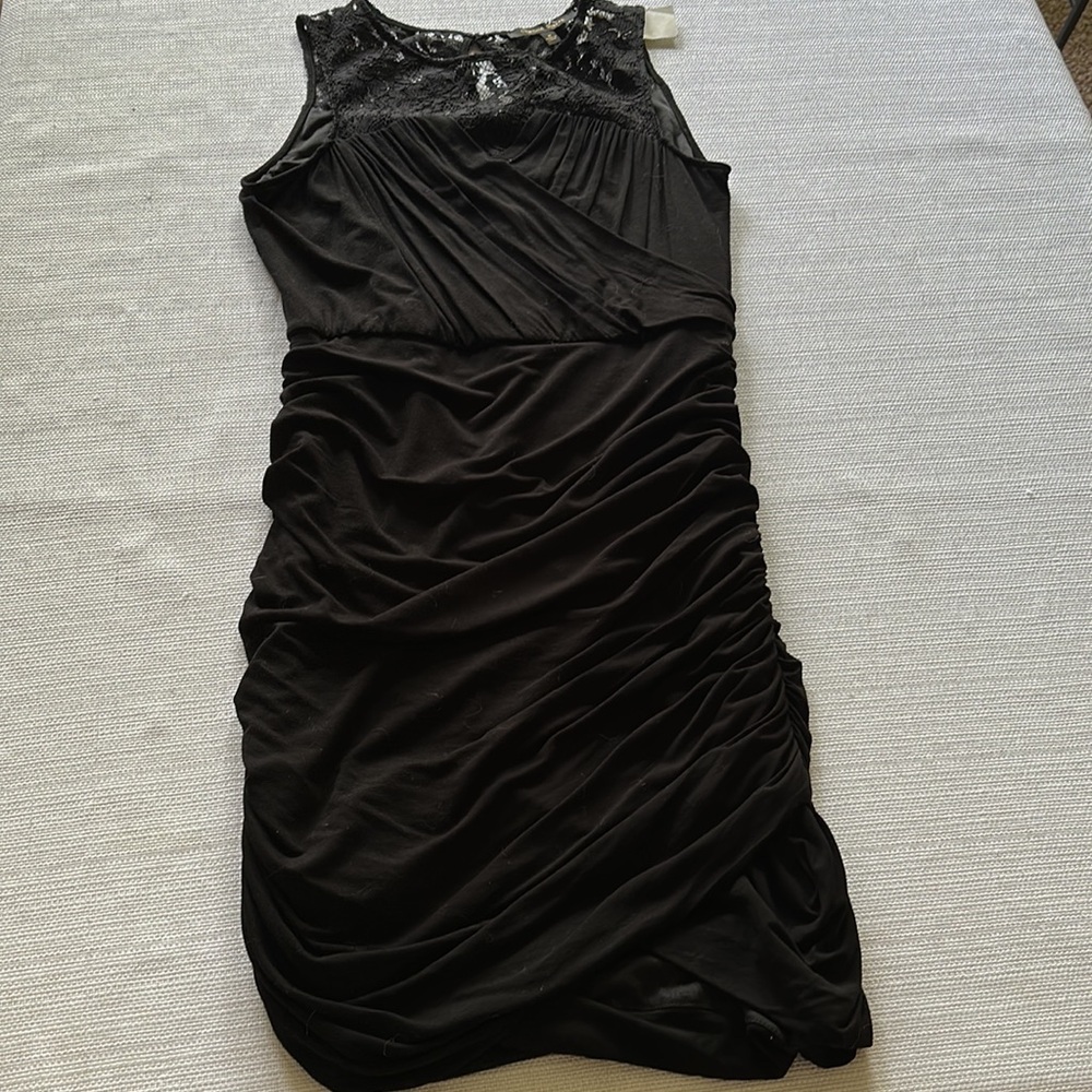 Cynthia Steffe Dress size M black with ruching and lace NWOT